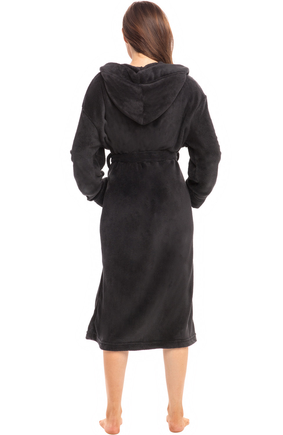 Women's Raven Black Plush Fleece Robe with Hood, Lightweight Hooded Bathrobe with Pockets - Raven Black - back view