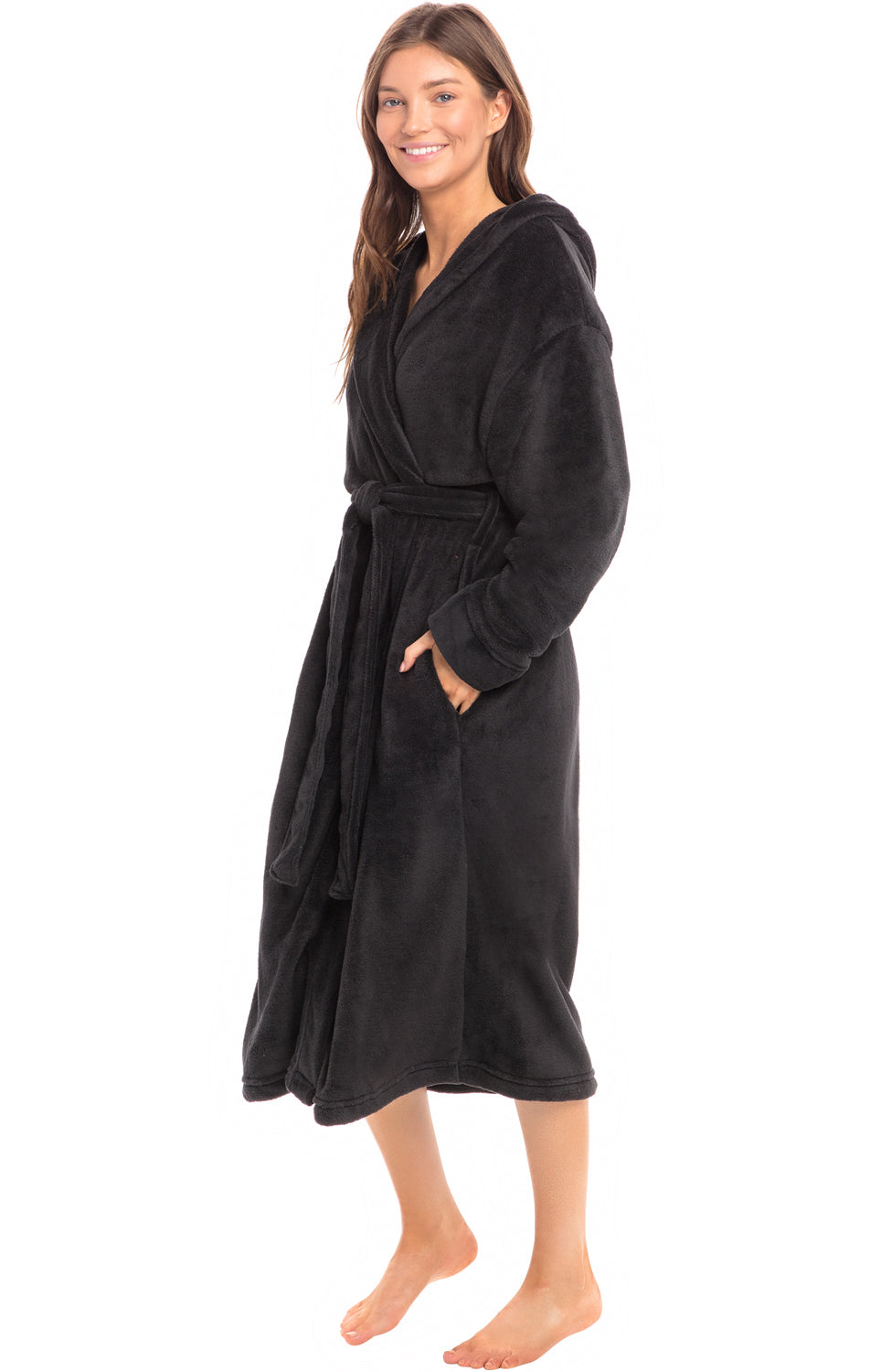 Women's Raven Black Plush Fleece Robe with Hood, Lightweight Hooded Bathrobe with Pockets - Raven Black - side view