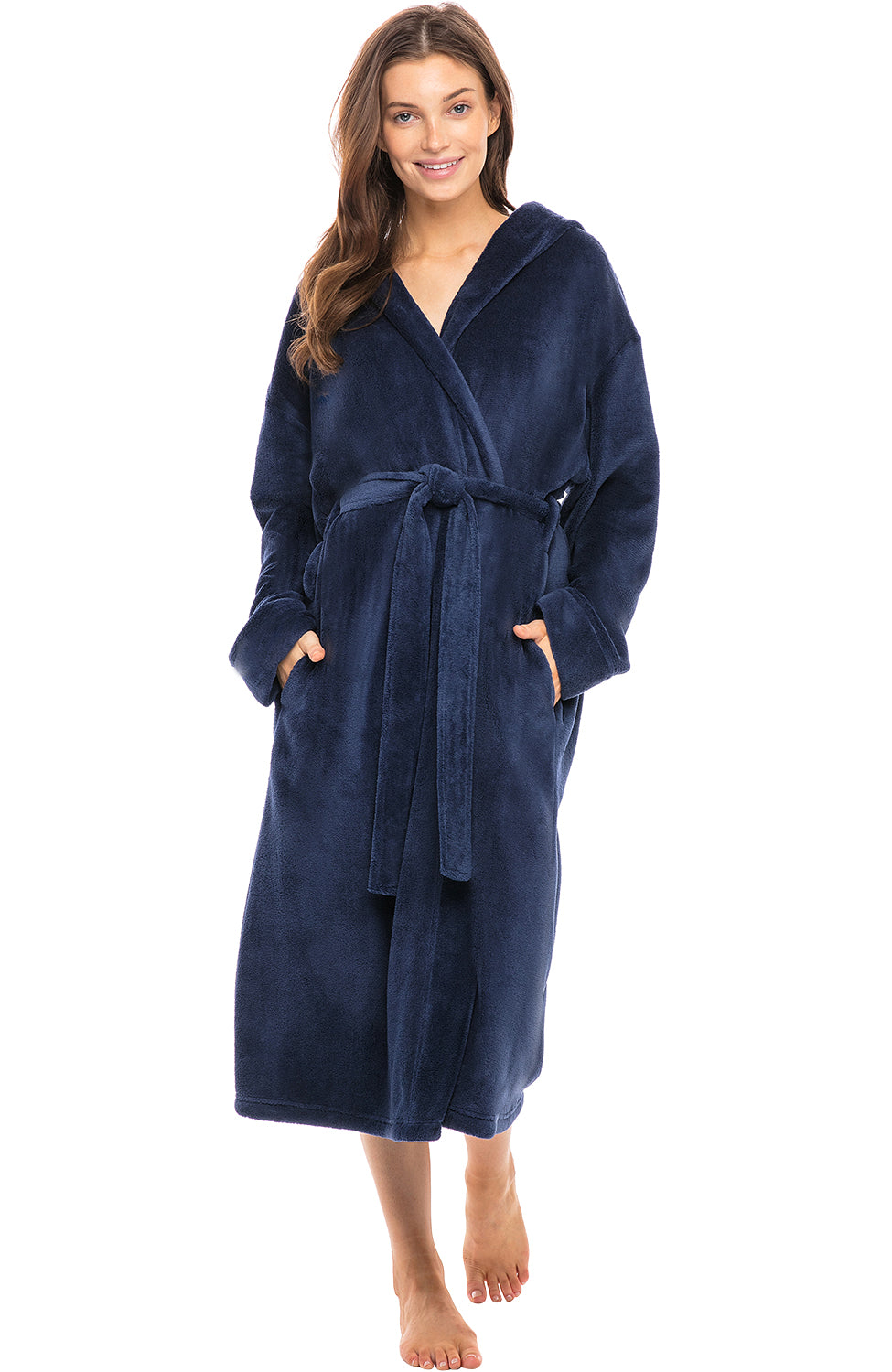 Women's Navy Blue Plush Fleece Robe with Hood, Lightweight Hooded Bathrobe with Pockets - Navy Blue - side view