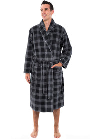 Men's Blue Gray Plaid Classic Winter Robe, Plush Fleece Bathrobe
