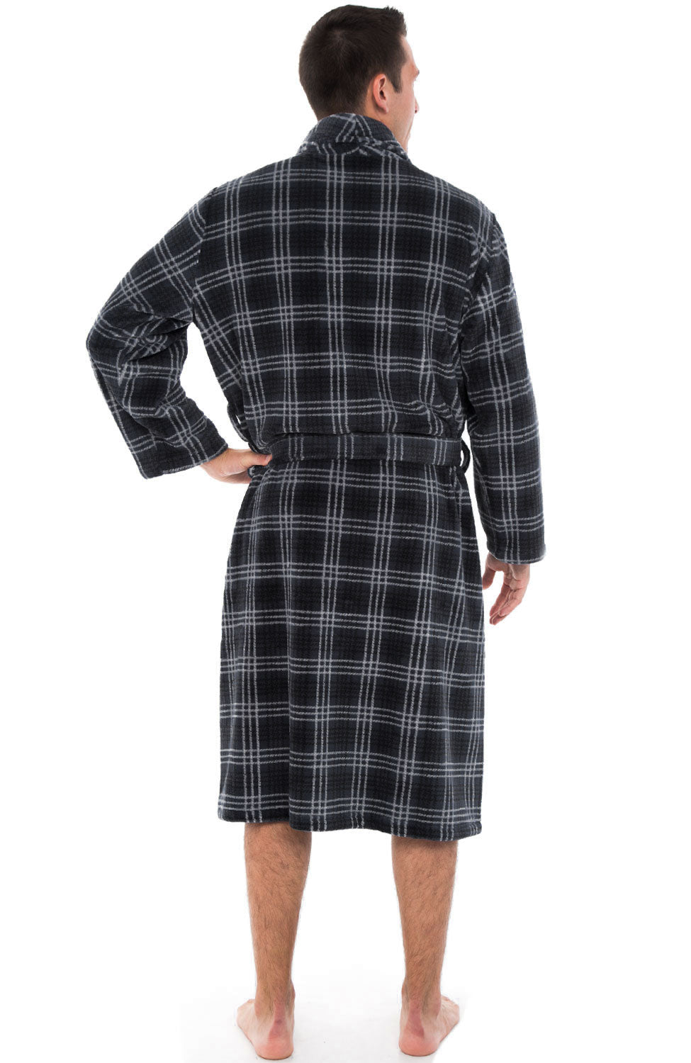 Men's Blue Gray Plaid Classic Winter Robe, Plush Fleece Bathrobe