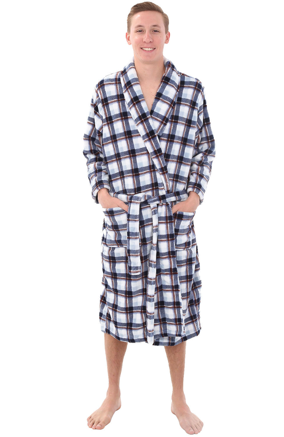 Men's White Gray and Brown Plaid Classic Winter Robe, Plush Fleece Bathrobe