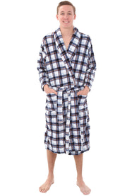 Men's White Gray and Brown Plaid Classic Winter Robe, Plush Fleece Bathrobe