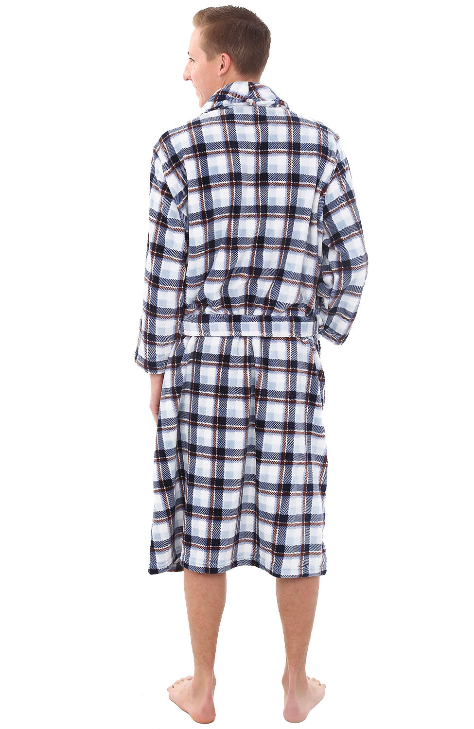 Men's White Gray and Brown Plaid Classic Winter Robe, Plush Fleece Bathrobe