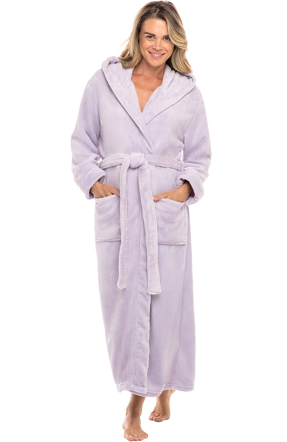 Lavender Plush Fleece Robe for Women, Long Hooded Bathrobe with Hood, Plus Size