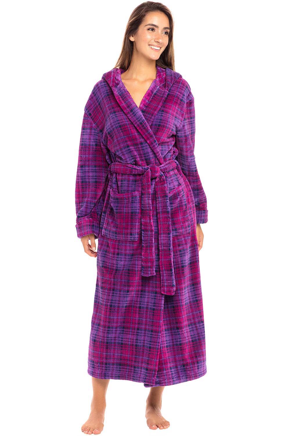 Purple Plaid Plush Fleece Robe for Women, Long Hooded Bathrobe with Hood, Plus Size