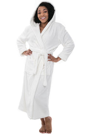 White Plush Fleece Robe for Women, Long Hooded Bathrobe with Hood, Plus Size