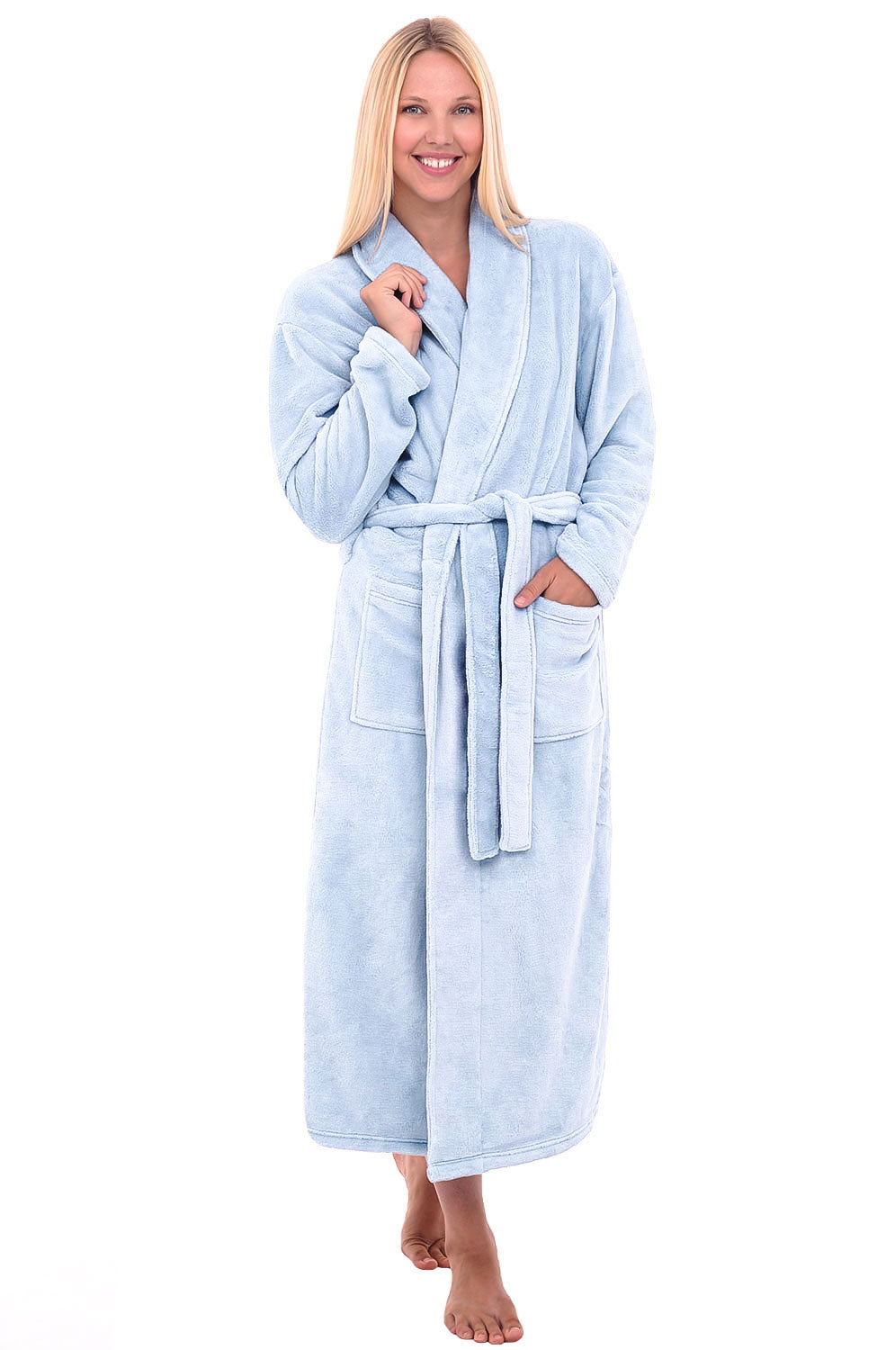 Light Blue Plush Striped Robe for Women, Long Fleece Plaid Winter Bath Robe, Plus Size