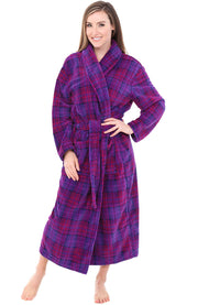 Purple Plaid Plush Striped Robe for Women, Long Fleece Plaid Winter Bath Robe, Plus Size
