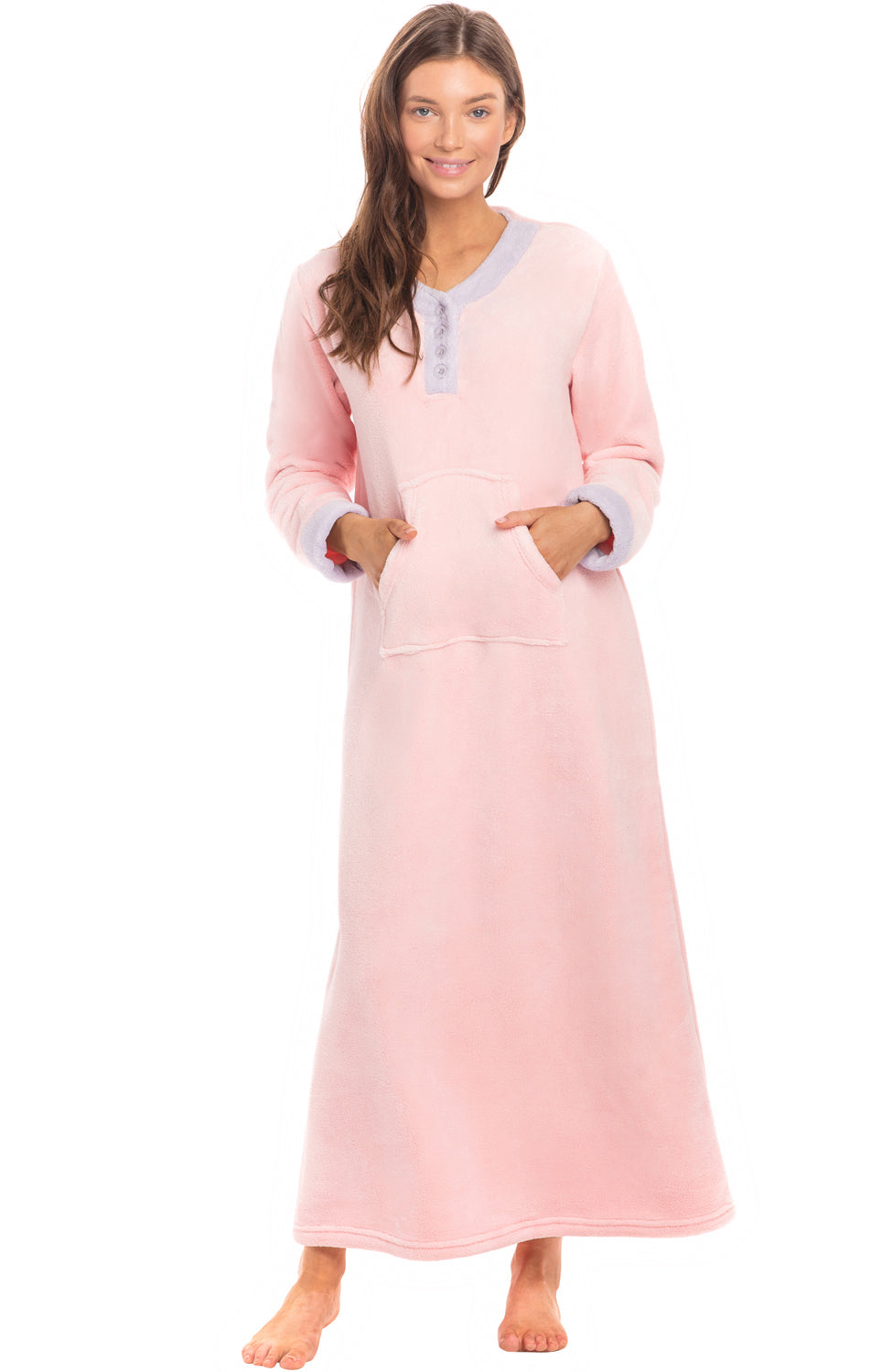 Women's Pink Rose Quartz Warm Fleece Long Nightgown, Long Kaftan with Pockets for Winter