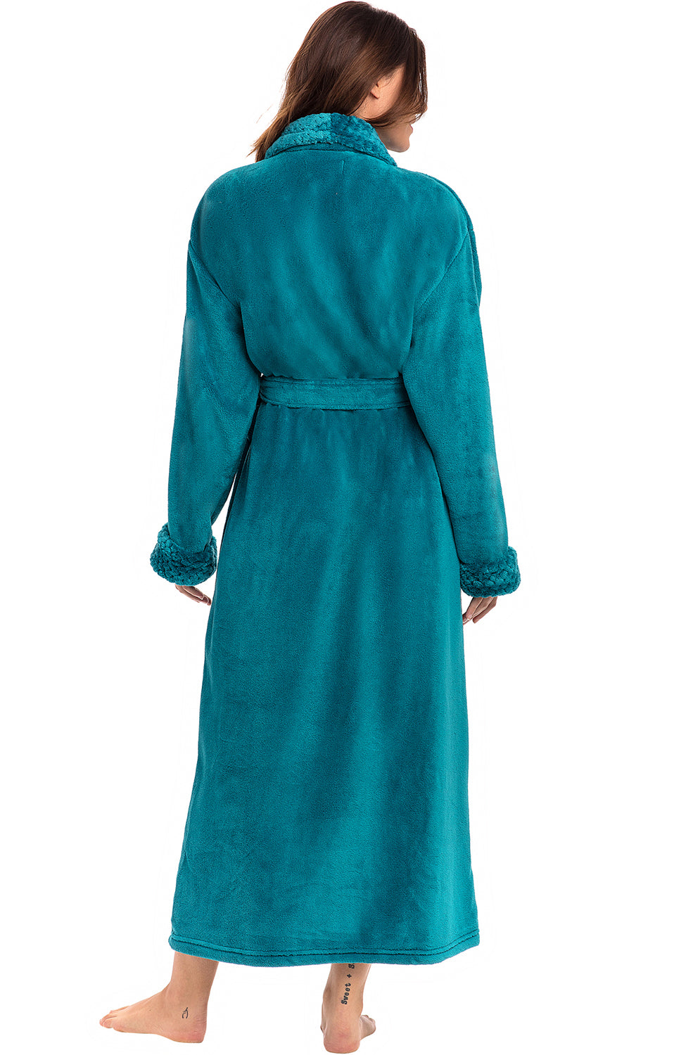 Turquoise Plush Striped Robe for Women, Long Fleece Plaid Winter Bath Robe, Plus Size