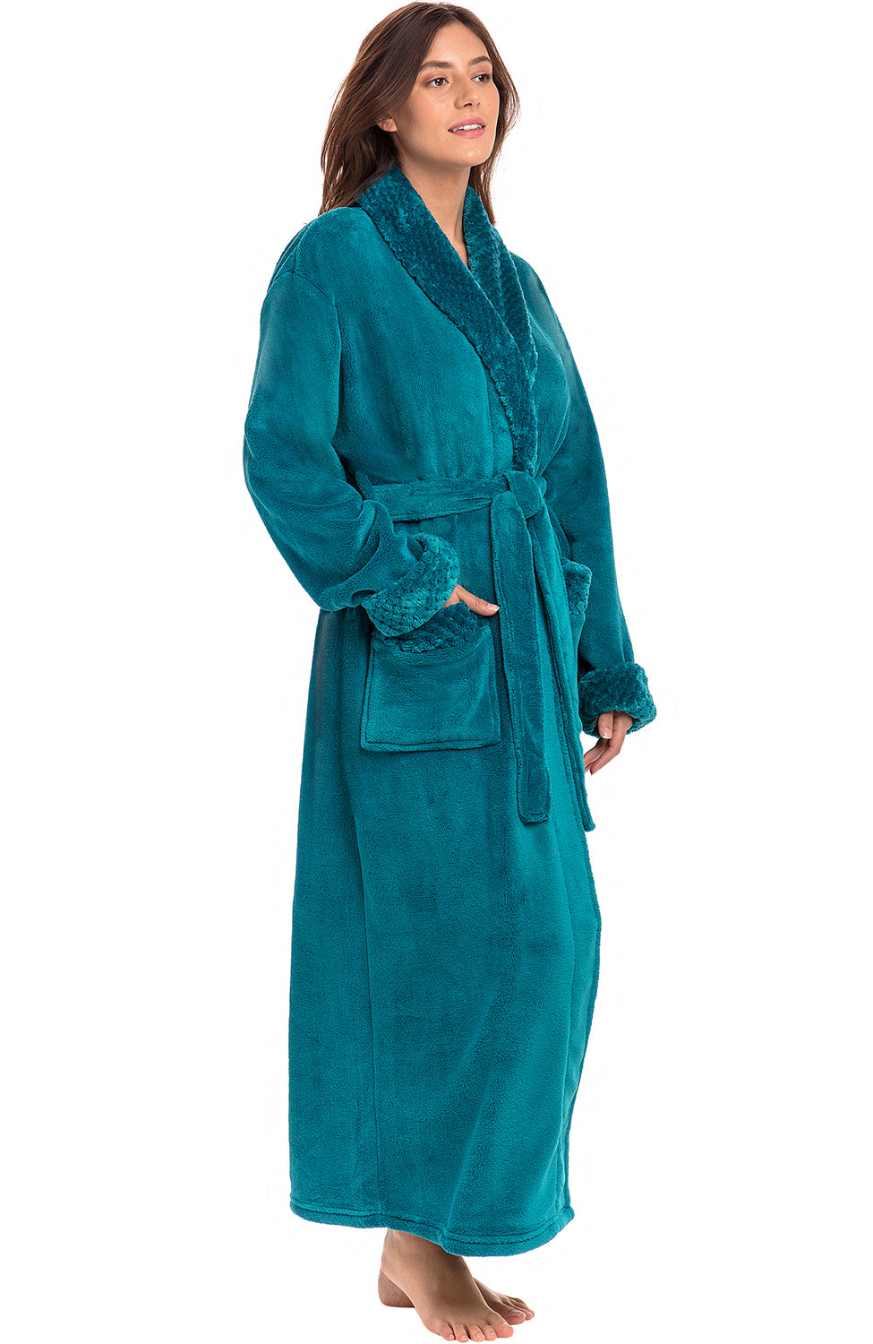 Turquoise Plush Striped Robe for Women, Long Fleece Plaid Winter Bath Robe, Plus Size