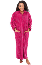 Women's Vibrant Magenta Polka Dot Zip Up Plush Robe, Oversized Bathrobe with Two Way Zipper