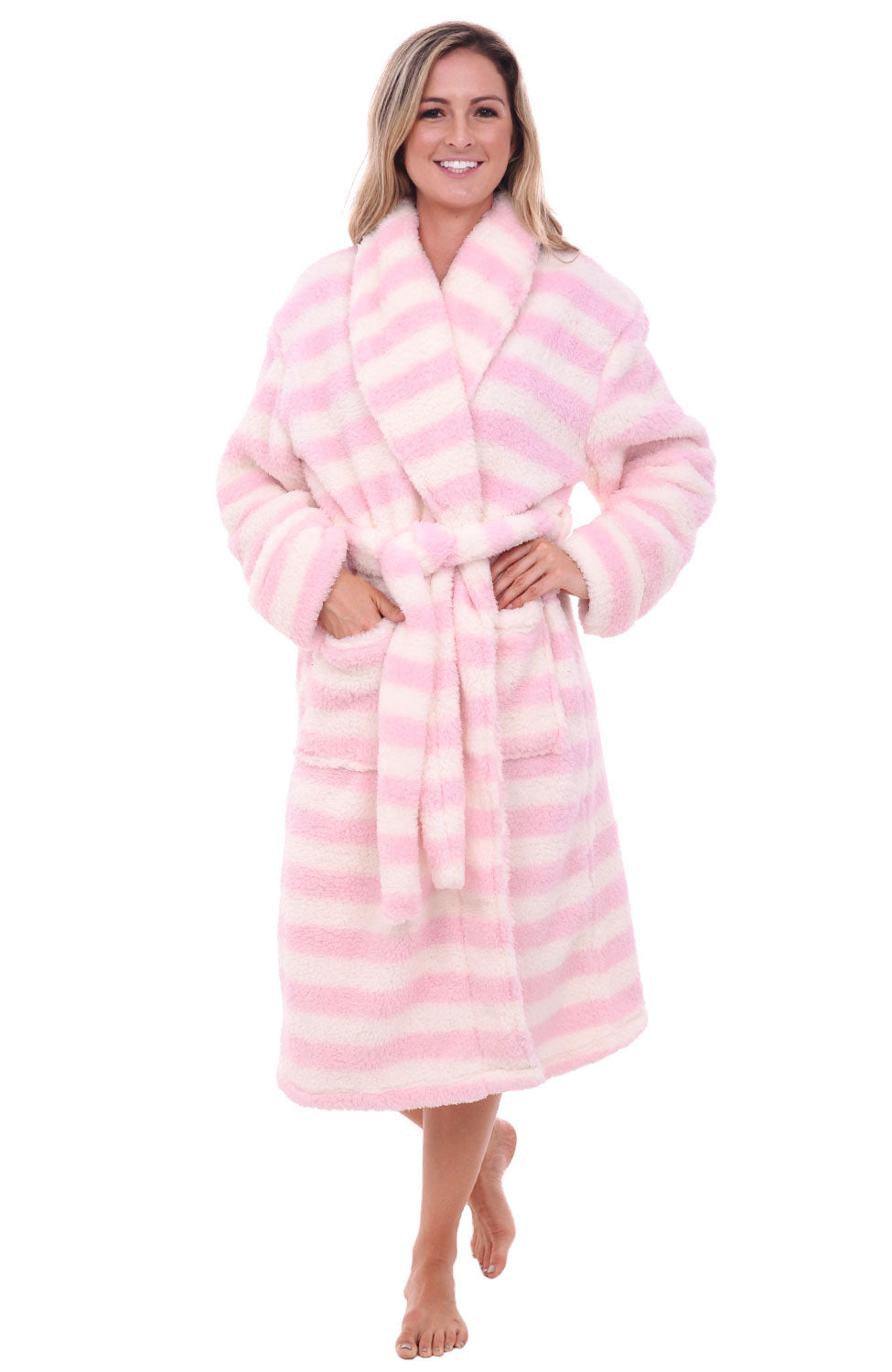 Women's Pastel Stripes Plush Fleece Robe, Shaggy Feather Bathrobe