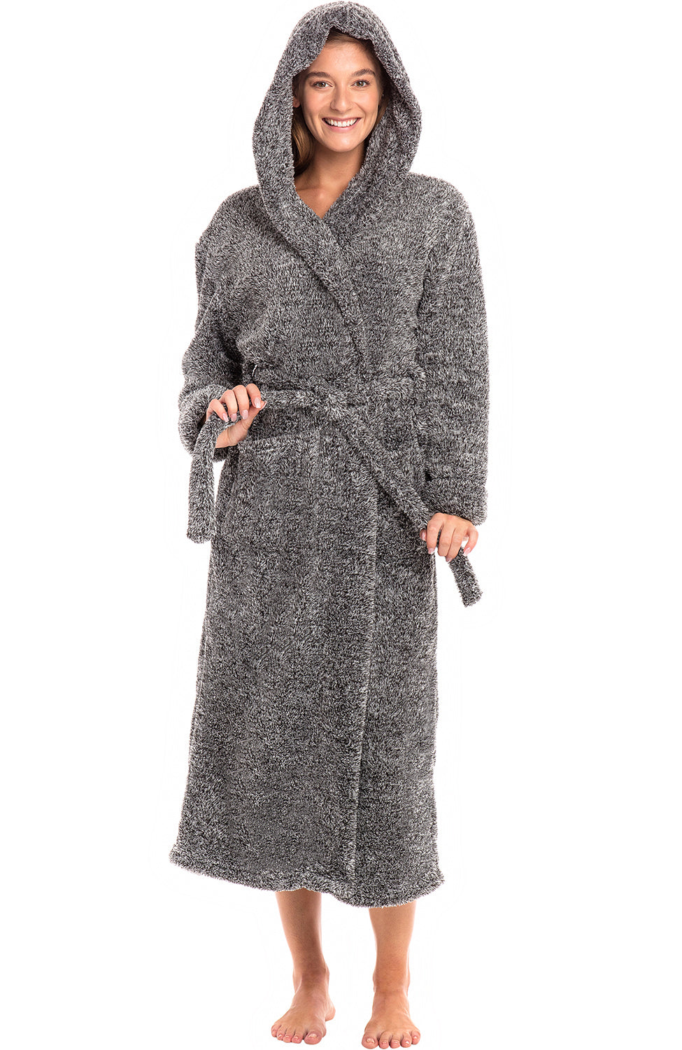 Women's Dark Heathered Gray Plush Fleece Hooded Robe, Shaggy Feather Long Bathrobe
