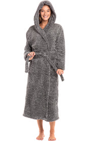 Women's Dark Heathered Gray Plush Fleece Hooded Robe, Shaggy Feather Long Bathrobe