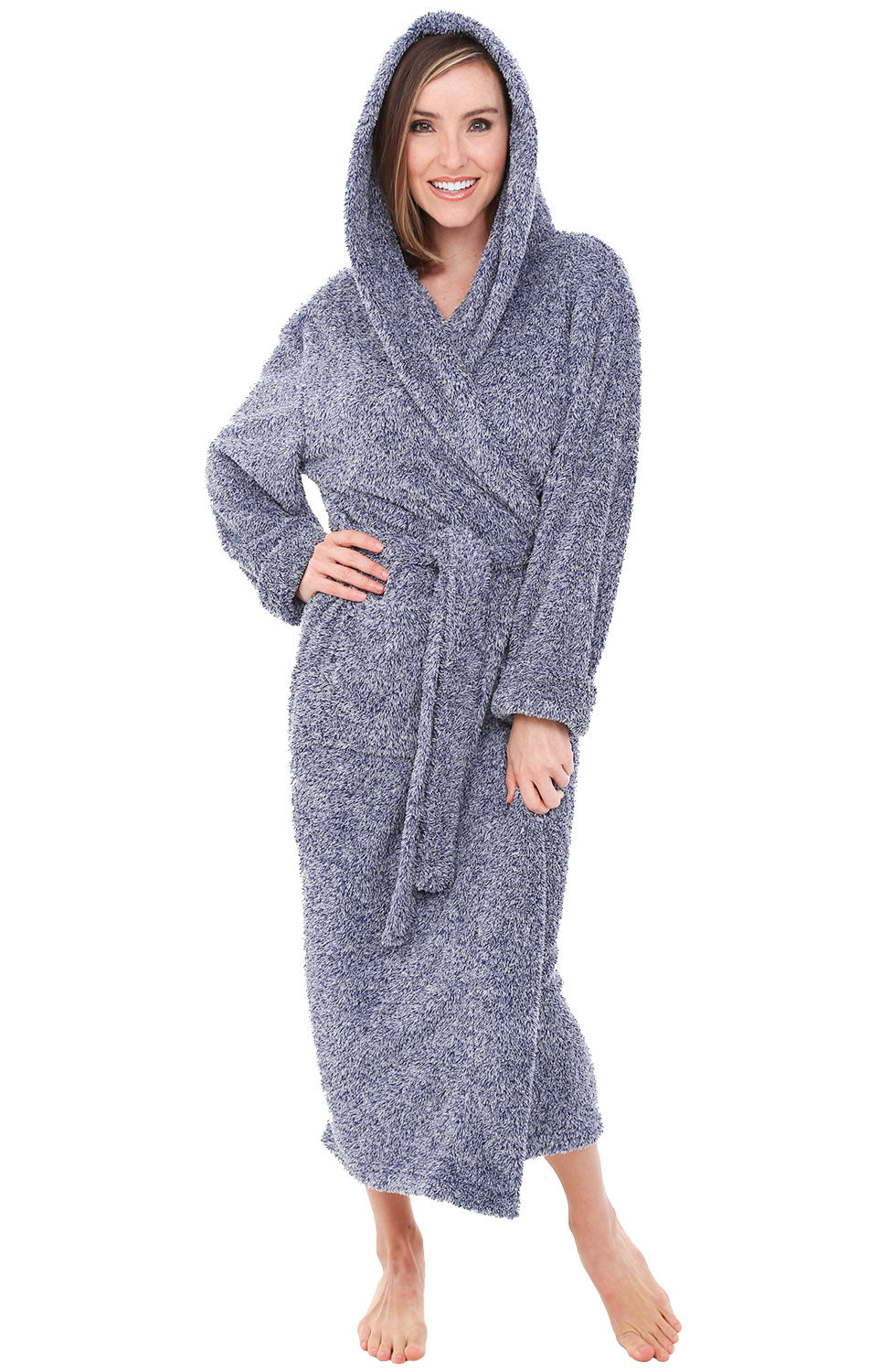 Women's Heathered Light Blue Plush Fleece Hooded Robe, Shaggy Feather Long Bathrobe