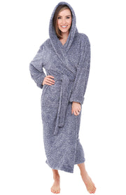 Women's Heathered Light Blue Plush Fleece Hooded Robe, Shaggy Feather Long Bathrobe