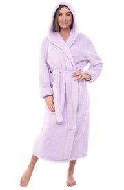 Women's Lavender Plush Fleece Hooded Robe, Shaggy Feather Long Bathrobe