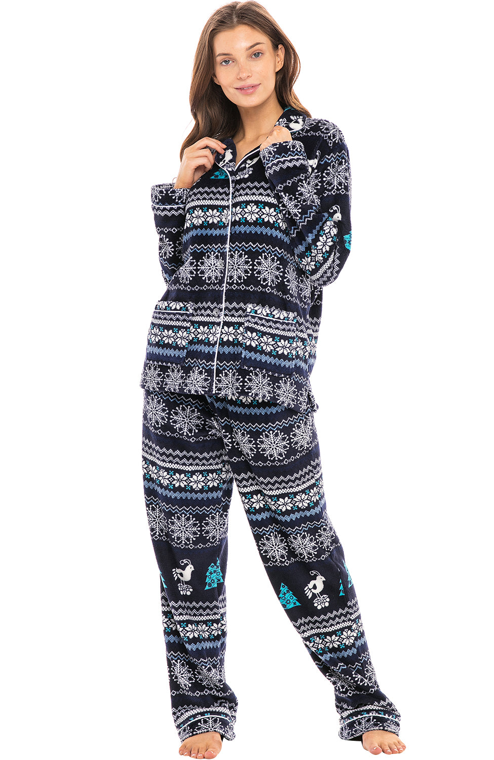 Women's Christmas Snowflakes and Birds Soft Warm Fleece Pajamas Plush Lounge Set, Long Sleeve Top and Pants, PJ