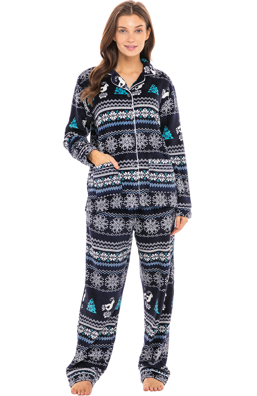 Women's Christmas Snowflakes and Birds Soft Warm Fleece Pajamas Plush Lounge Set, Long Sleeve Top and Pants, PJ