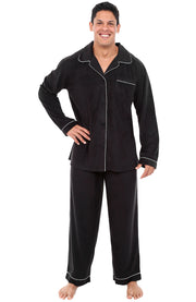 Men's Black Plush Fleece Pajamas Set, Button Down PJs for Winter