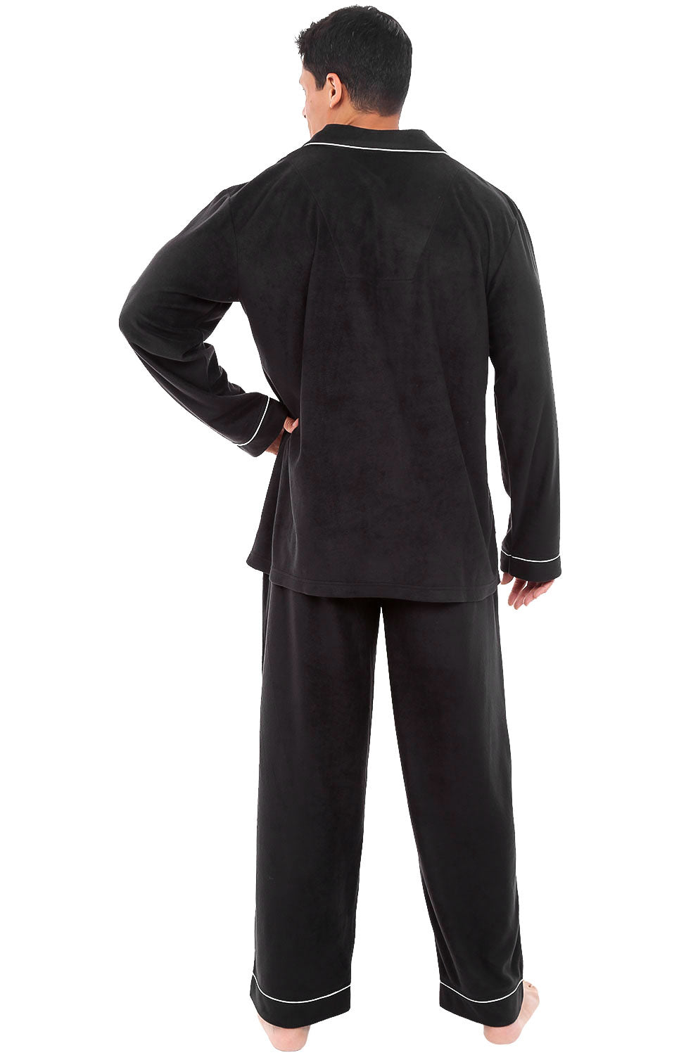 Men's Black Plush Fleece Pajamas Set, Button Down PJs for Winter