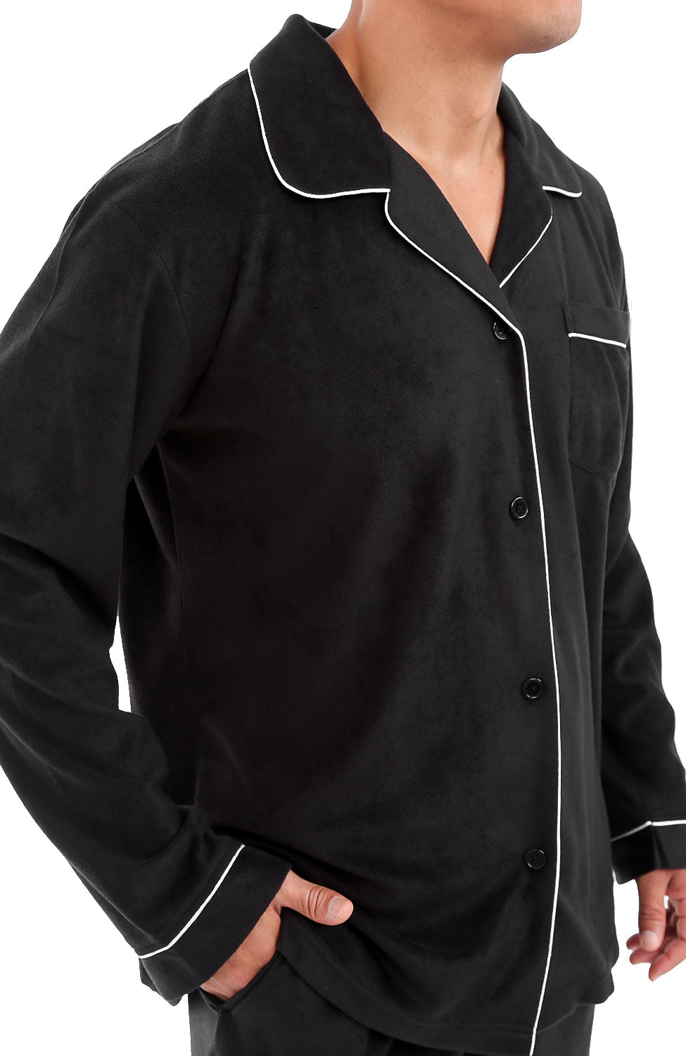 Men's Black Plush Fleece Pajamas Set, Button Down PJs for Winter