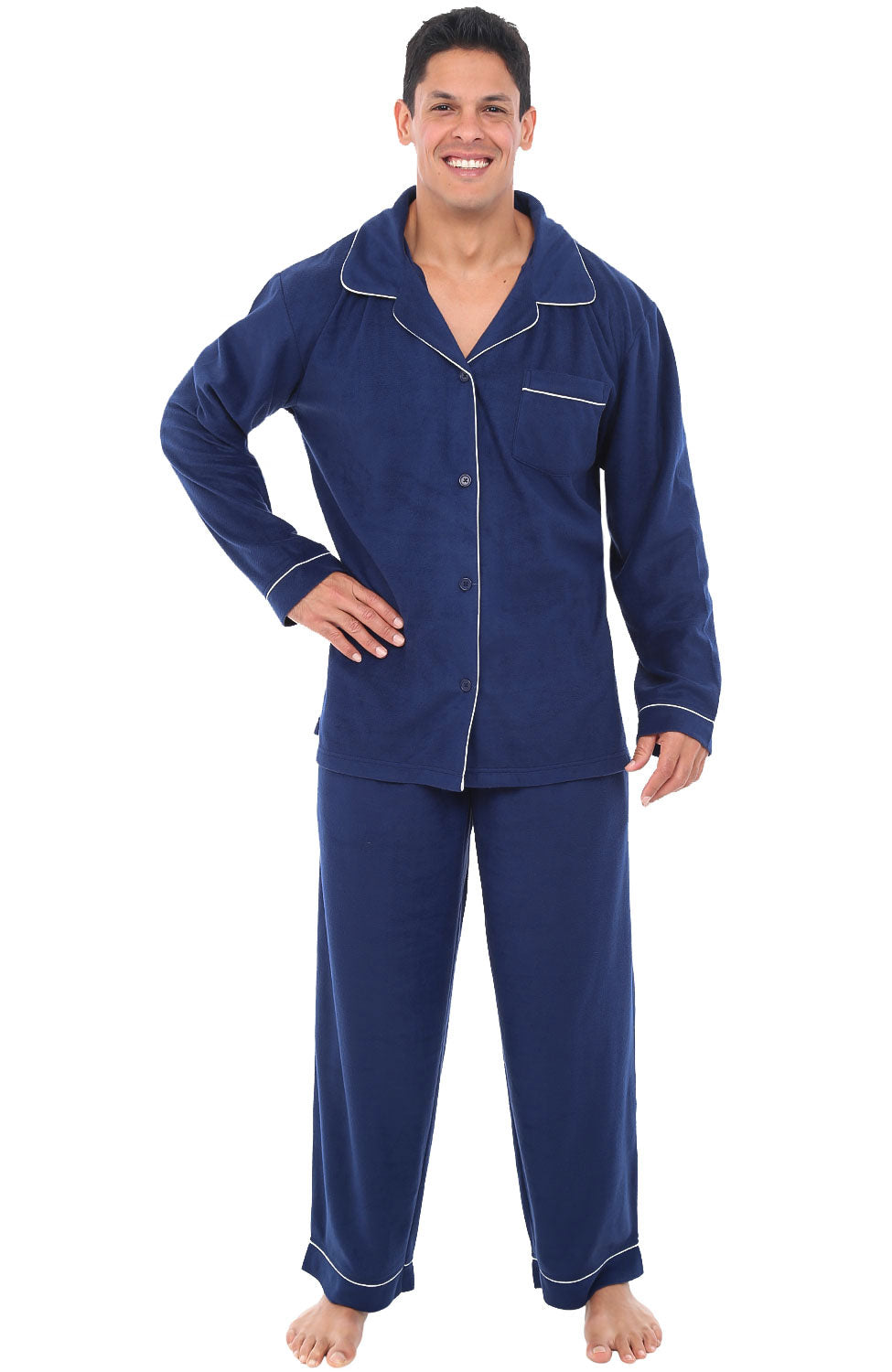 Men's Midnight Blue Plush Fleece Pajamas Set, Button Down PJs for Winter