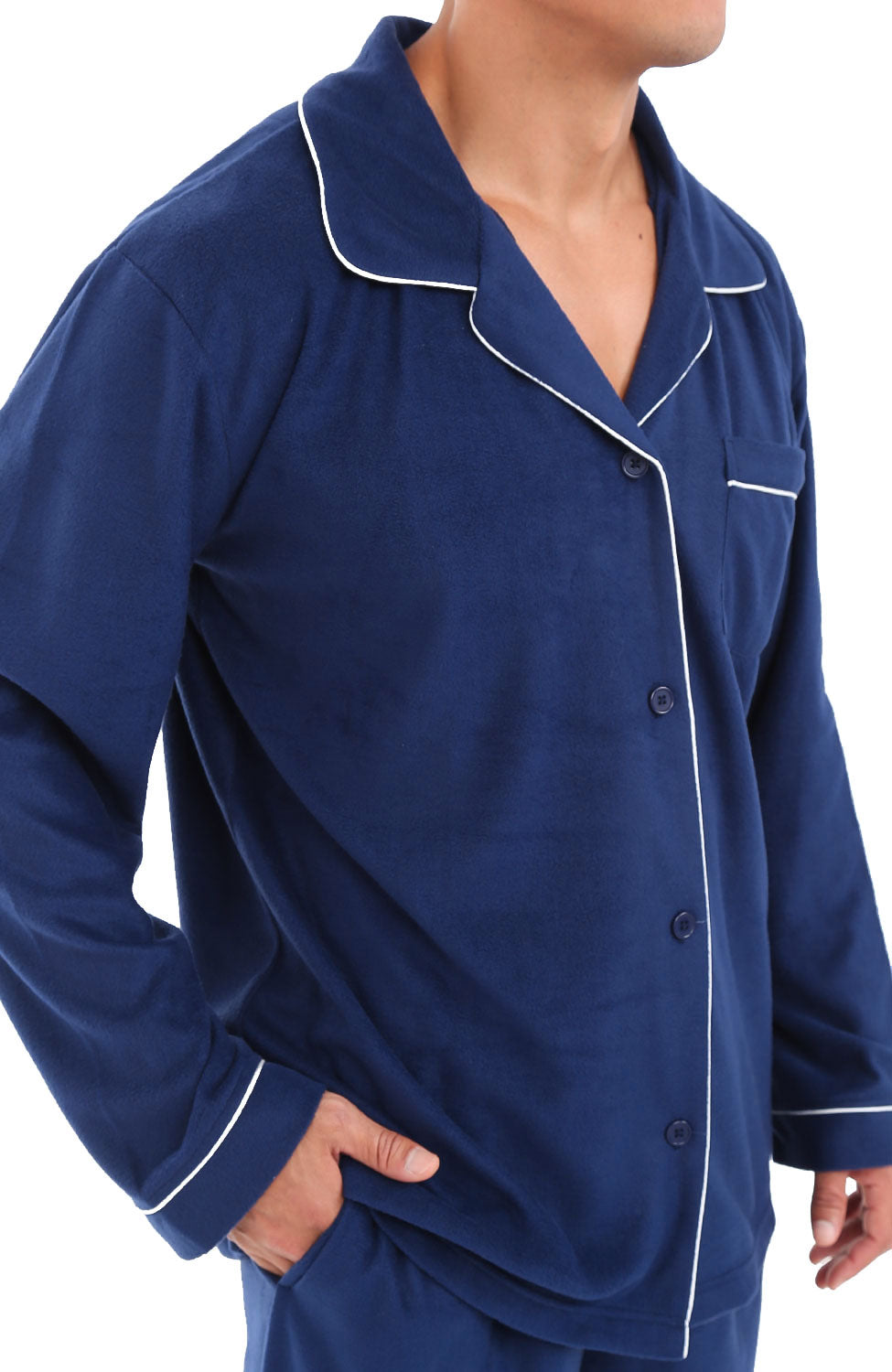 Men's Midnight Blue Plush Fleece Pajamas Set, Button Down PJs for Winter