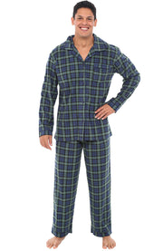 Men's Blue and Green Tartan Plaid Plush Fleece Pajamas Set, Button Down PJs for Winter
