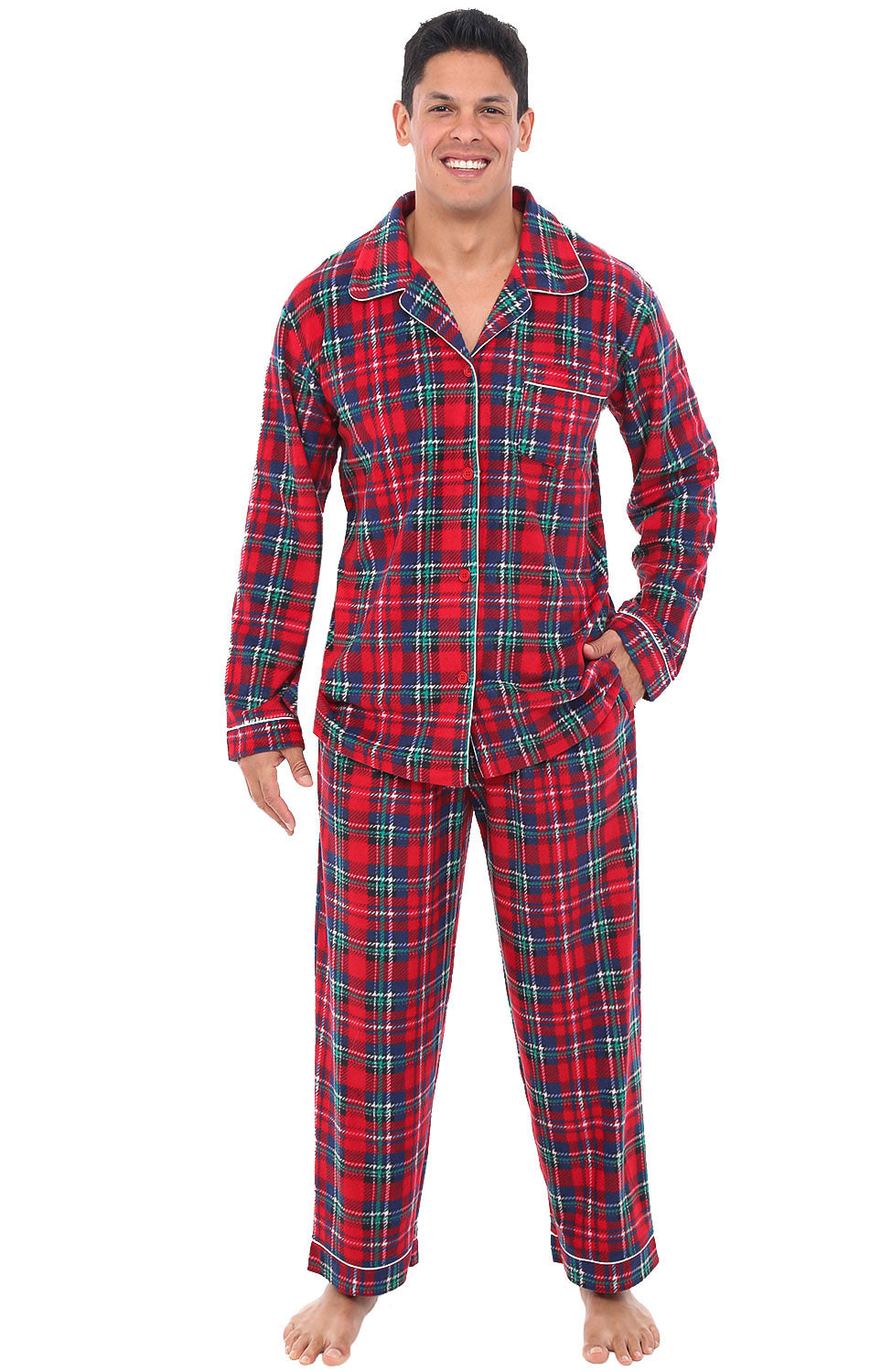 Men's Stewart Tartan Plaid Plush Fleece Pajamas Set, Button Down PJs for Winter