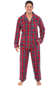 Men's Stewart Tartan Plaid Plush Fleece Pajamas Set, Button Down PJs for Winter