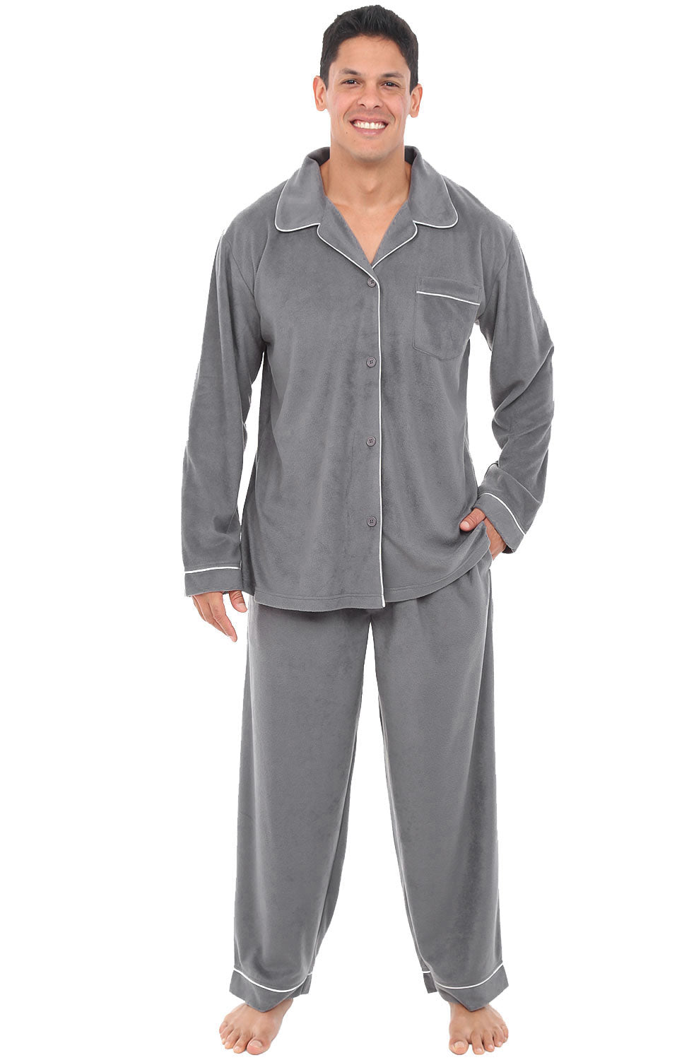 Men's Steel Gray Plush Fleece Pajamas Set, Button Down PJs for Winter