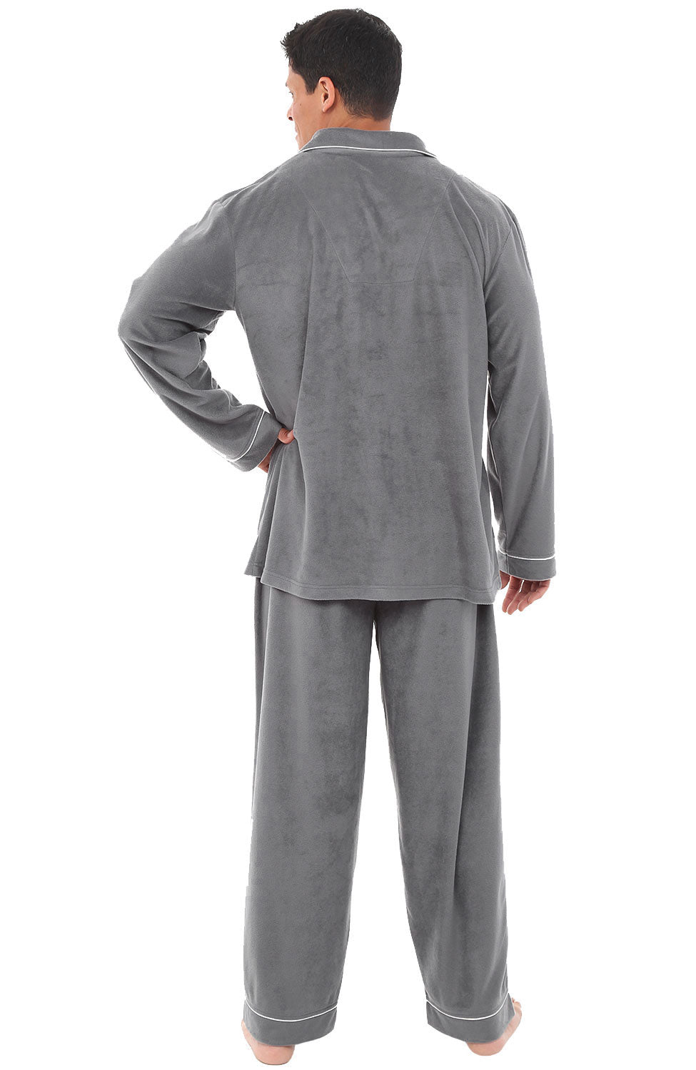 Men's Steel Gray Plush Fleece Pajamas Set, Button Down PJs for Winter