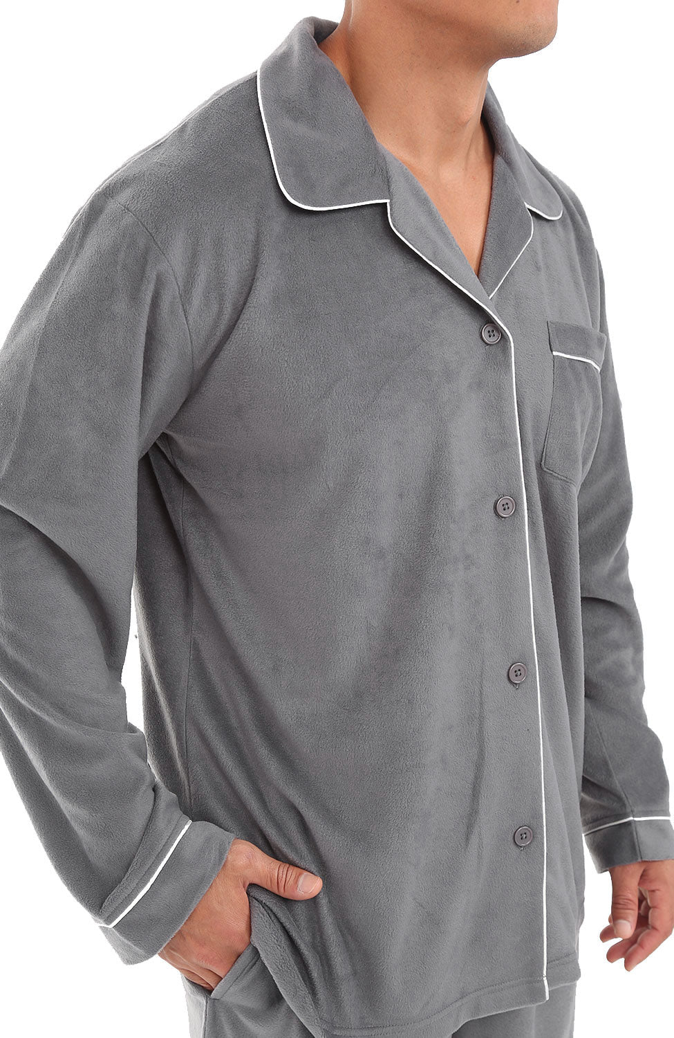 Men's Steel Gray Plush Fleece Pajamas Set, Button Down PJs for Winter