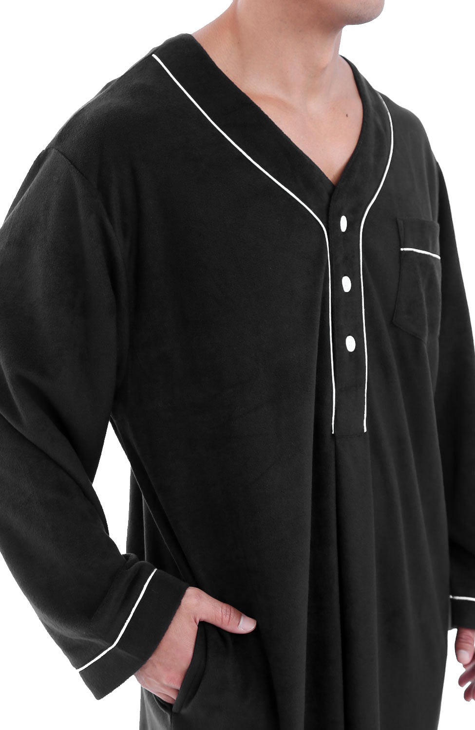 Men's Black Plush Sleep Shirt, Fleece Nightshirt Pajamas Shirt