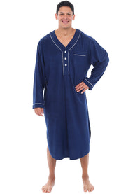 Men's Midnight Blue Plush Sleep Shirt, Fleece Nightshirt Pajamas Shirt