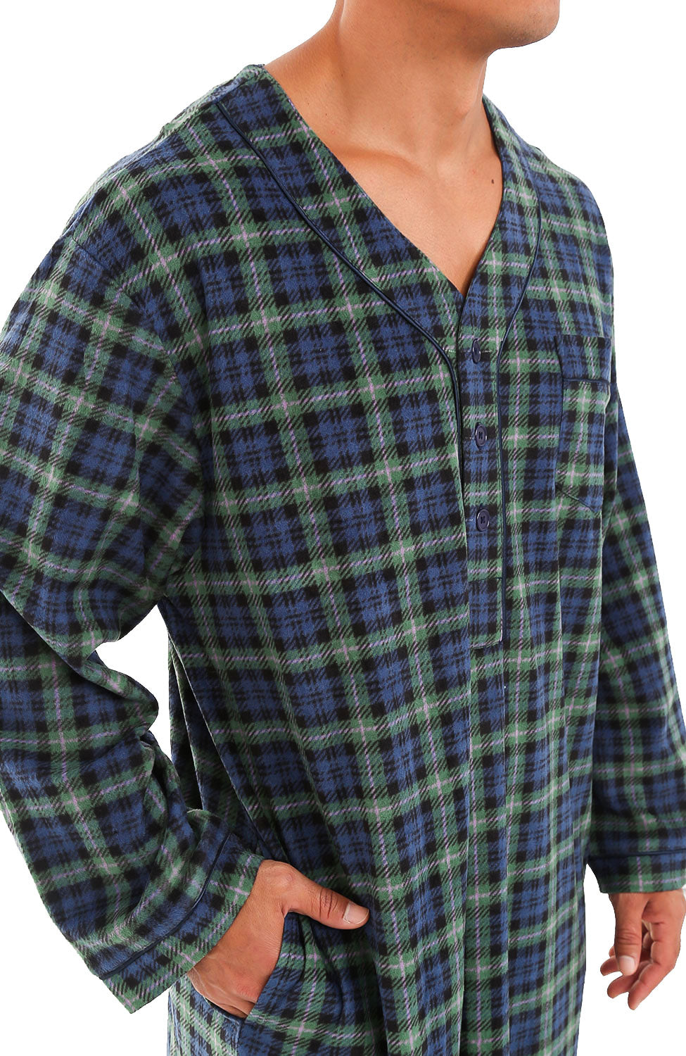 Men's Blue and Green Tartan Plaid Plush Sleep Shirt, Fleece Nightshirt Pajamas Shirt