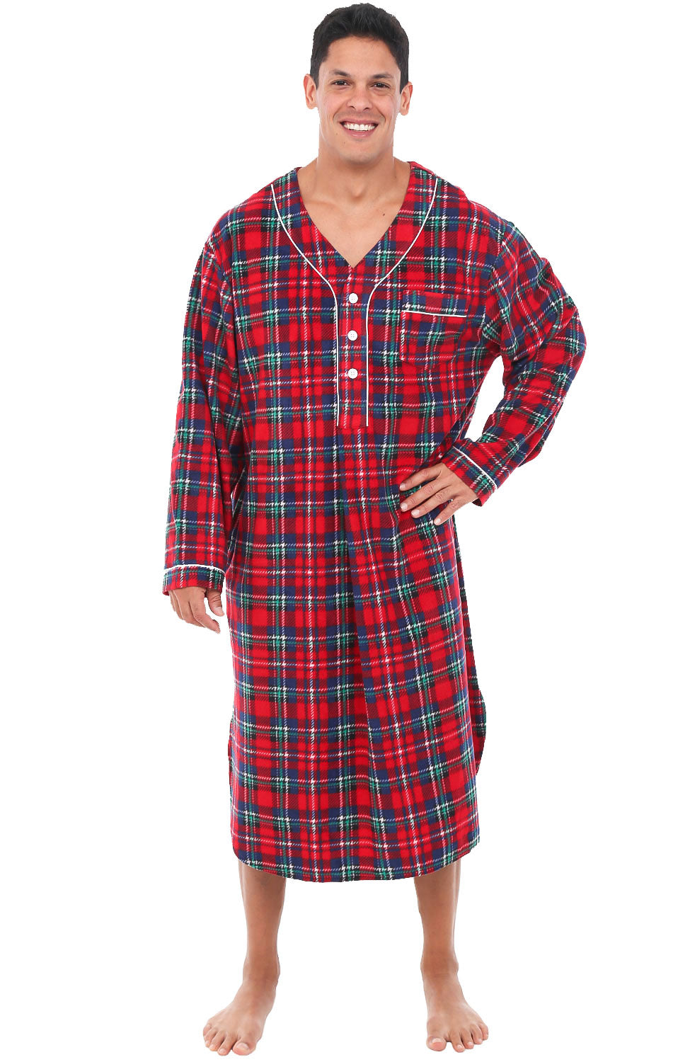 Men's Stewart Tartan Plaid Plush Sleep Shirt, Fleece Nightshirt Pajamas Shirt