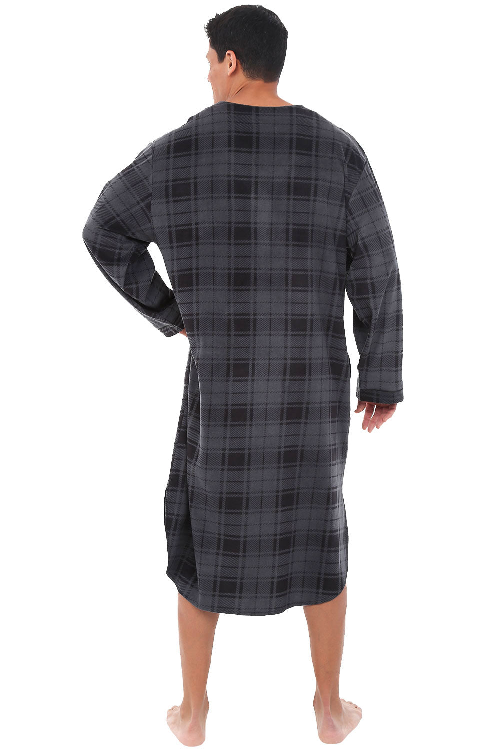 Men's Gray Plaid Plush Sleep Shirt, Fleece Nightshirt Pajamas Shirt