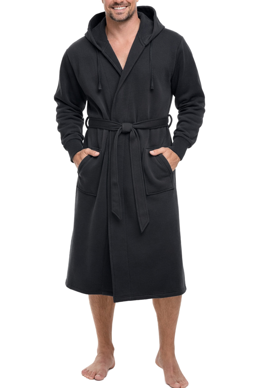 Men's Black Classic Hooded Sweatshirt Robe, Winter Bathrobe - Black - front view