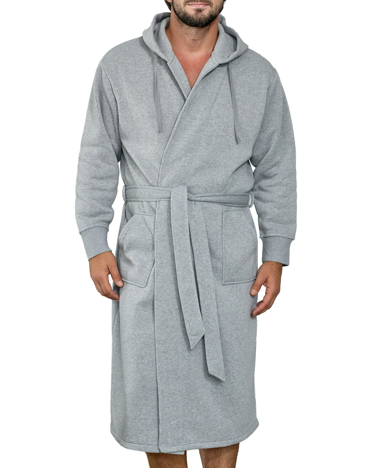 Men's Light Heathered Gray Classic Hooded Sweatshirt Robe, Winter Bathrobe - Light Heathered Gray - front view
