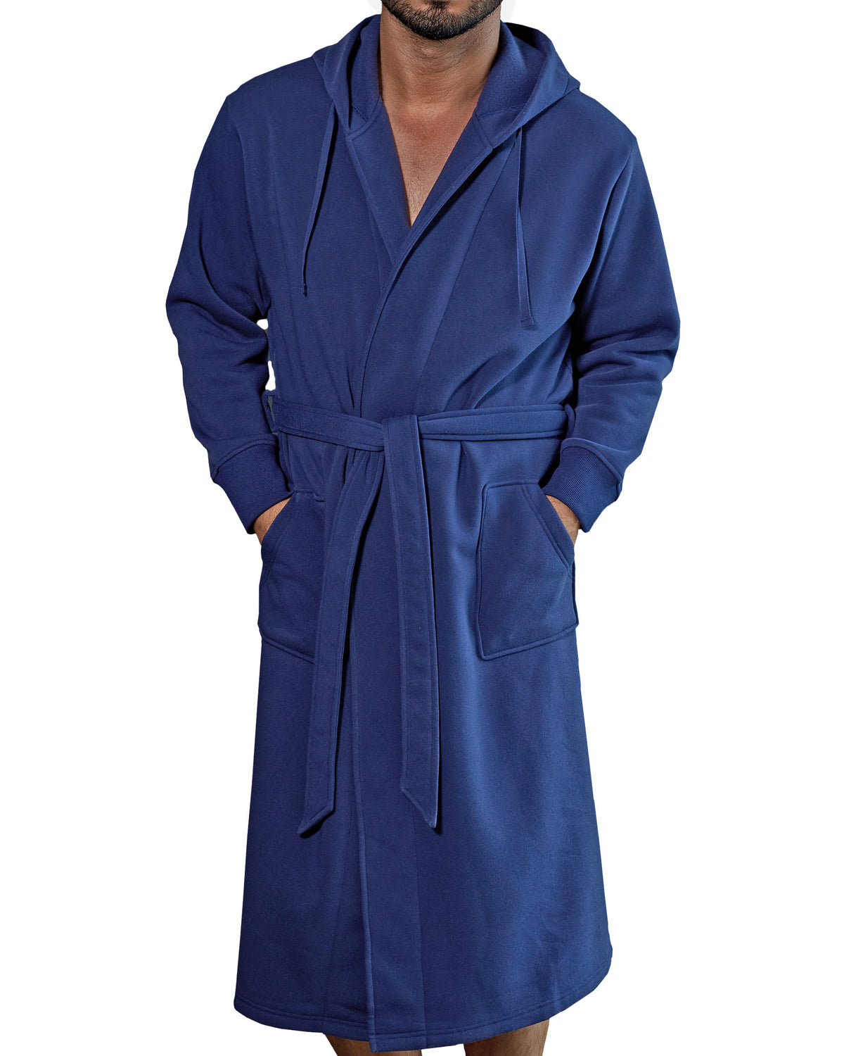 Men's Midnight Blue Classic Hooded Sweatshirt Robe, Winter Bathrobe - Midnight Blue - front view