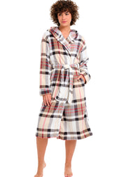 Women's Designer Plaid Plush Fleece Robe with Hood, Lightweight Hooded Bathrobe with Pockets