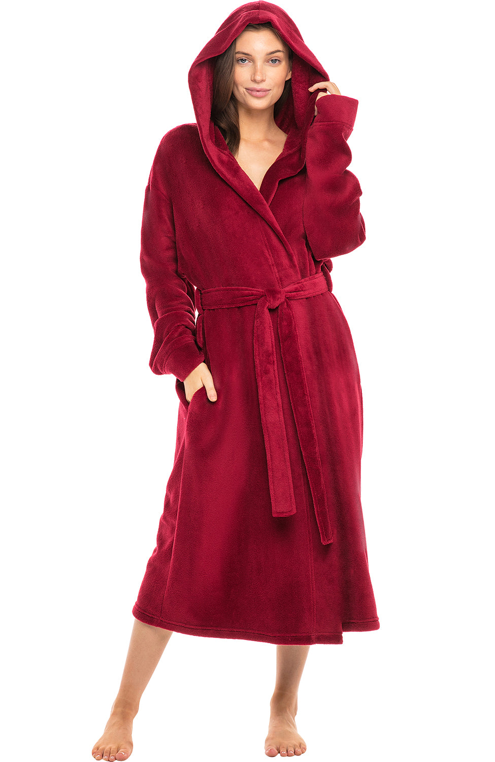 Women's Burgundy Plush Fleece Robe with Hood, Lightweight Hooded Bathrobe with Pockets - Burgundy - front view