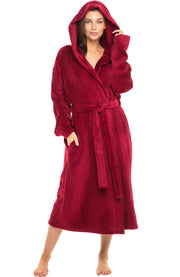 Women's Burgundy Plush Fleece Robe with Hood, Lightweight Hooded Bathrobe with Pockets