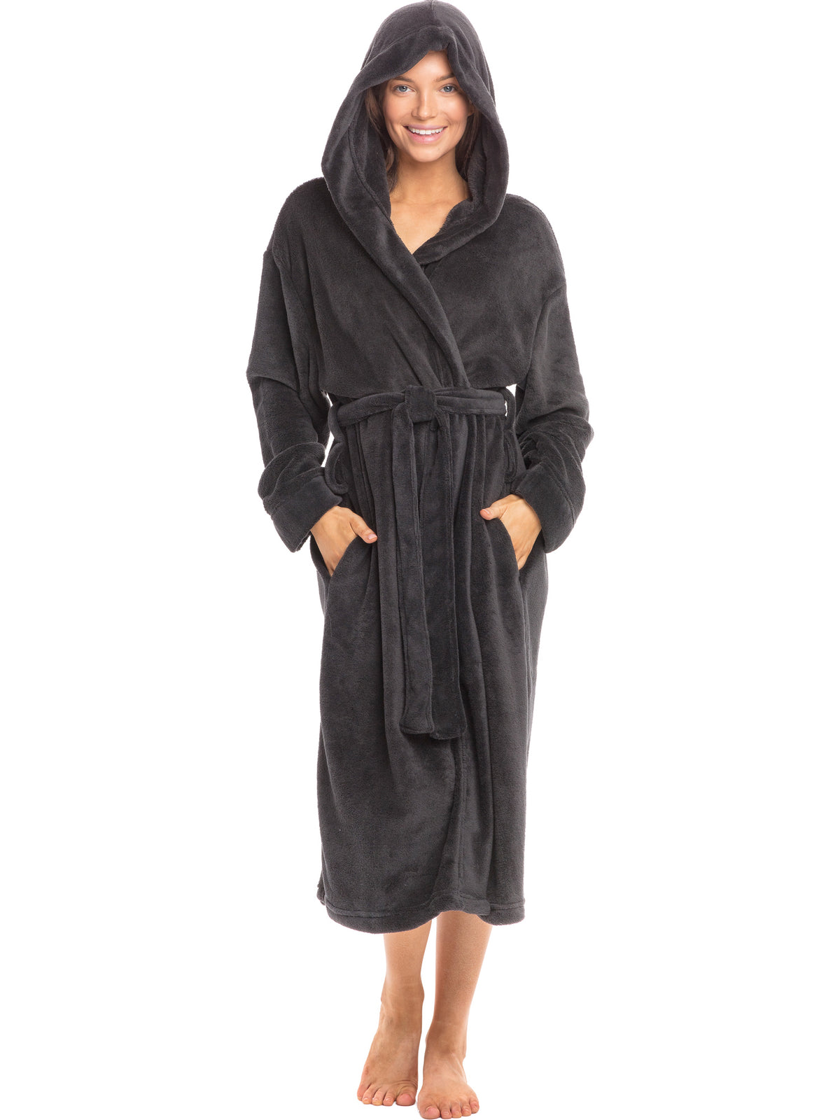 Women's Graphite Gray Plush Fleece Robe with Hood, Lightweight Hooded Bathrobe with Pockets - Graphite Gray - front view