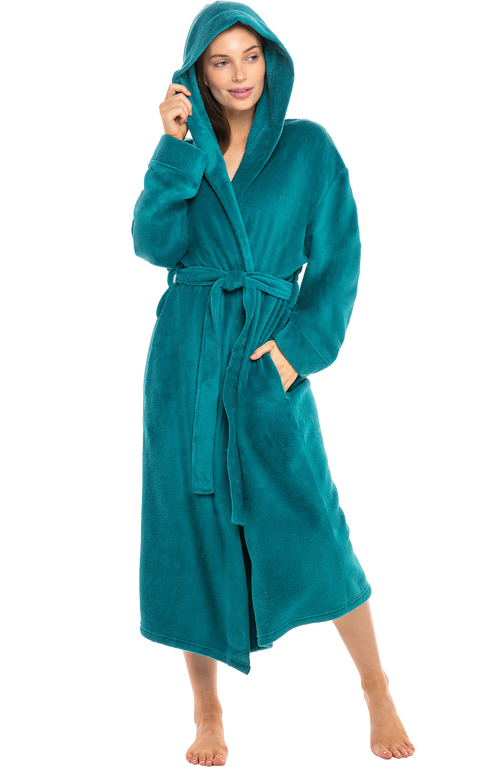 Women's Turquoise Plush Fleece Robe with Hood, Lightweight Hooded Bathrobe with Pockets - Turquoise - front view