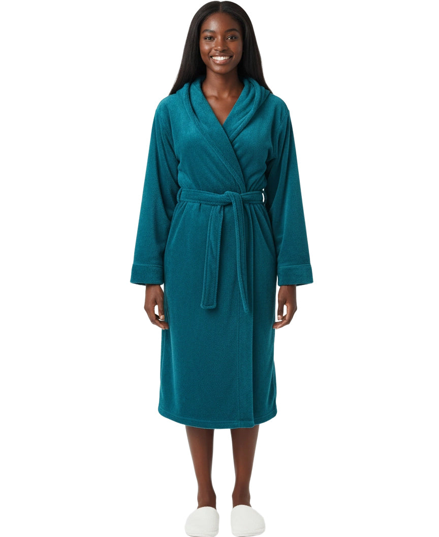 Women's Turquoise Plush Fleece Robe with Hood, Lightweight Hooded Bathrobe with Pockets - Turquoise - front view